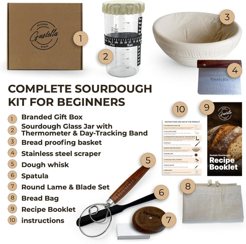 Set Sourdough Starter Kit for Beginners Complete Bread Baking with Banneton Basket, Jar, Lame & Tools Easy Homemade
