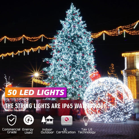 25ft 50 Counts Commercial 5mm IP65, JK5665 White LED Christmas Lights - Grade Outdoor Waterproof, Wide Angle Green