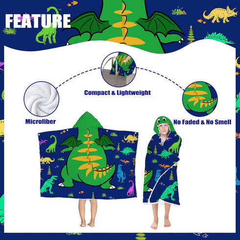 FUTBU 30x50 Dinosaur Hooded Beach Towel for Boys, Soft & Absorbent T-Rex Dinosaur Poncho Towel, Green Blue Bathrobe