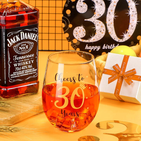 Cheer to 30 Birthday Stemless Wine Glass, 30th Birthday Wine Glass Present for Men Women, 17 oz