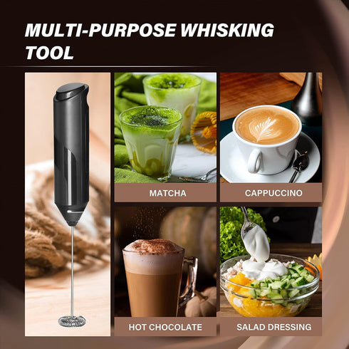 Simple Deluxe Handheld Milk Frother, Battery-Operated Mixer with Stainless Steel Stand for Coffee, Frappe, Black