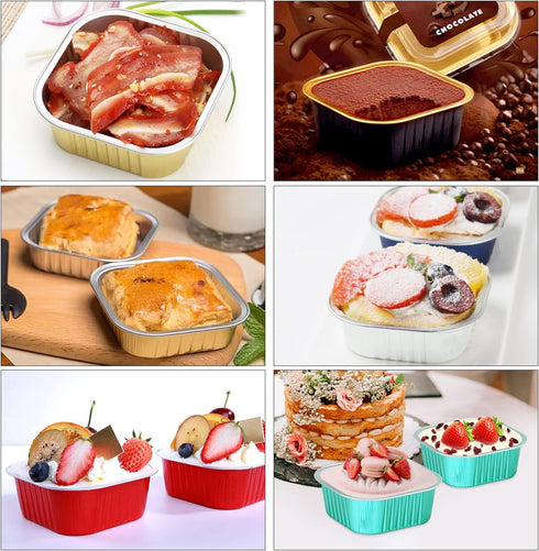 LNYZQUS 10oz Mini Cake Pans with Lids, 40 Pack Aluminum Foil Square Brownie Baking Cups, Disposable Jumbo Muffin Tin