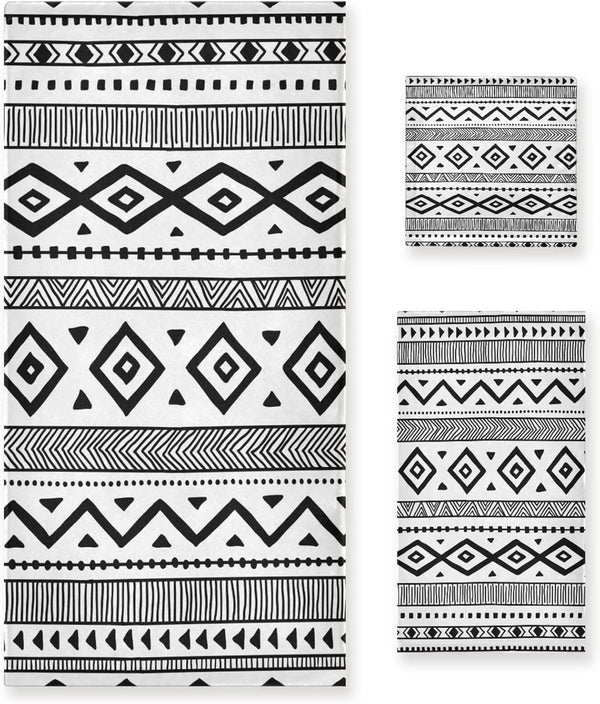 HATESAH Bath Towels Set Soft Highly Absorbent Black White Native American Tribal Aztec