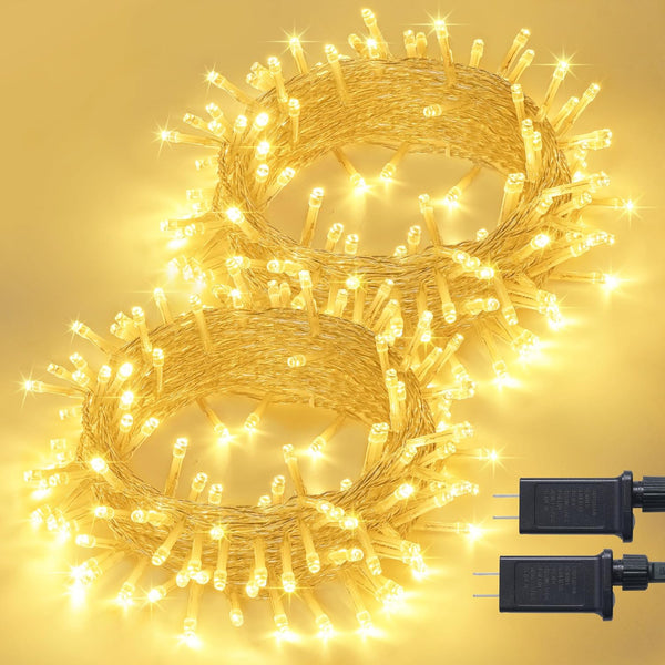 JMEXSUSS 2 Pack 100 LED Warm White Christmas Lights, 33ft Connectable Indoor Plug in, 8 Modes for Tree Wedding Party