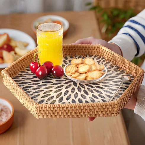 14.5"12.8") Hexagon Rattan Tray with Mother of Pearl Inlay, Rattan Serving Tray for Coffee, Bread, Fruits, Snacks