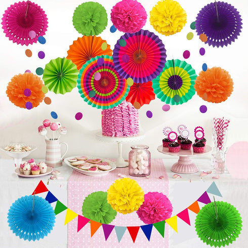 ZERODECO Party Decoration, 21 Pcs Multi-color Hanging Paper Fans, Pom Poms, Garlands, Polka Dot & Triangle Bunting Flags