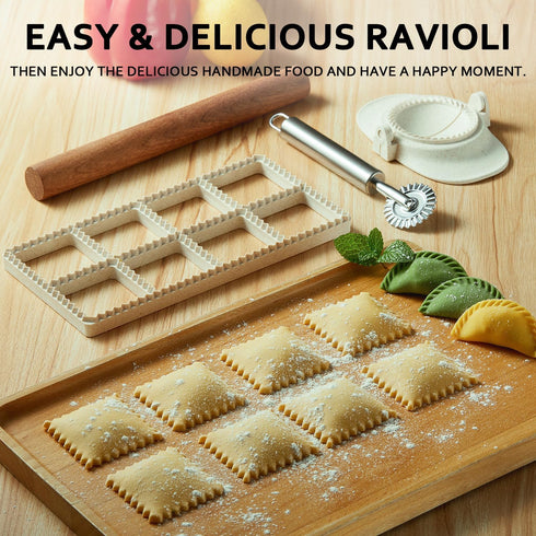 Set 8 1.85" Ravioli Maker Press, Ravioli Press Mold - Squares Ravioli Stamp Maker Cutter with Wood Rolling Pin