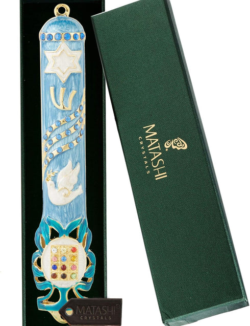 Matashi Hand Painted 5.7" Blue Dove Mezuzah - Gold Accents and Star of David with Crystals, Home Decor Gift