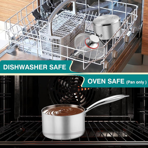 P&P CHEF Small 1 Qt Tri-Ply Stainless Steel Saucepan, Glass Lid, Kitchen Induction Cookware, Dishwasher Safe