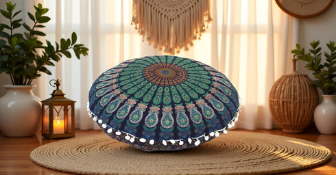 22 Inch CRAFT KALA Meditation Floor Pillows Cover Round Pillow Seating Hippie Decorative Adults Bohemian Mandala Circle