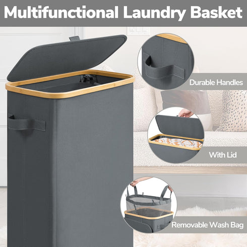 75L 17" 9.8" 29.5", Goodpick Slim Laundry Basket with Wheels and Lid, Rolling Dirty Clothes Hamper for Dorm Bathroom