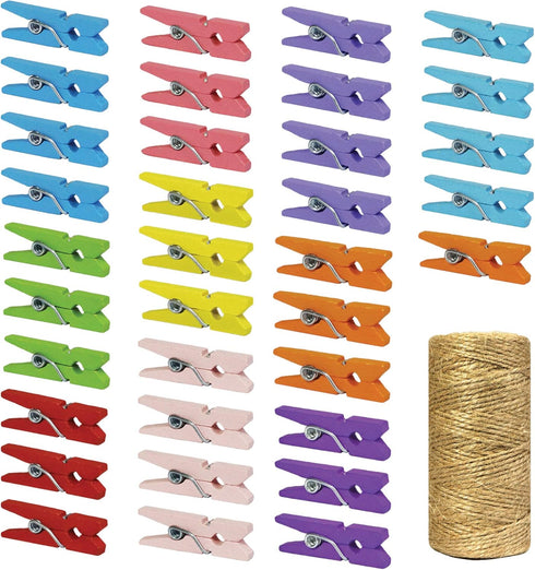 Mini Natural Wooden Clothespins with Jute Twine, 250pcs, 1 Inch Photo Paper Peg Pin Craft Clips with 66ft Natural Twine