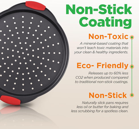 NutriChef 2-Piece Nonstick Pizza Tray, 13-Inch Round Carbon Steel Baking Pan with Perforated Holes, Dishwasher Safe