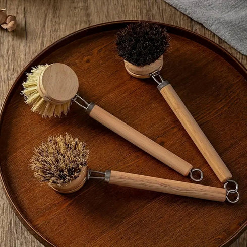 SUPRNN 1 3 Bamboo Dish Brush with Handle, Sturdy Wooden Handle with Natural Bristle Heads, Horsehair, Sisal, Palm - All