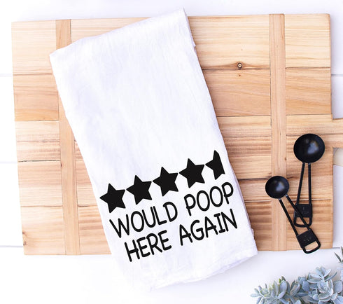 Handmade Funny Bathroom Towel - 100% Cotton, 28x28 Inch, Perfect for Hostess Gift (Would Poop Here Again)