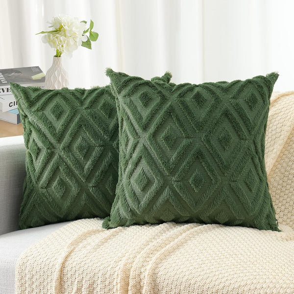 Soft Faux Fur Throw Pillow Covers 18x18, Plush Decorative Pillow Covers with 3D Diamond Pattern - Set of 2