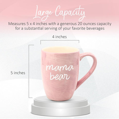 Pavilion Large Ceramic Coffee Mug with "Mama Bear" Design, Microwave & Dishwasher Compatible, Pink, 20 oz