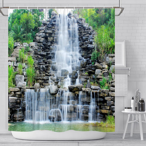 Waterfalls Shower Curtains - Stone Rockery Landscapes Spring Green Plant Courtyard Bathroom Decor 70 x 70 Inch with