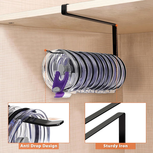 Tumbler Lid Organizer, Horizontal Tumbler Lid Storage Hook for Up to 10 Lids, Space Saving Kitchen Organizer