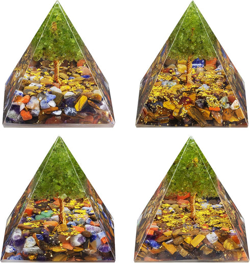TUMBEELLUWA 2.36in 7 Chakra Crystal Tree of Life Orgonite Pyramid Generator, Handmade Energy Stones Decor