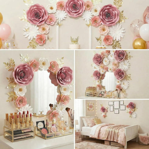 300gsm 3D Set 6) Large Paper Flowers Wall Decor for Baby Girl Nursery (Pre-Assembled) - Pearlized Cardstock Roses