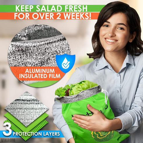 3-Layer 13.37x11 Lettuce Keeper for Refrigerator Reusable Produce Storage Bags with Foil Lining and Drawstring |