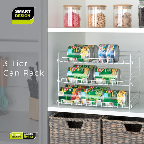 Smart Design Can Organizer for Pantry - 3 Tier Adjustable Can Storage - Steel Metal Shelves, Holds Up to 36 Cans - White