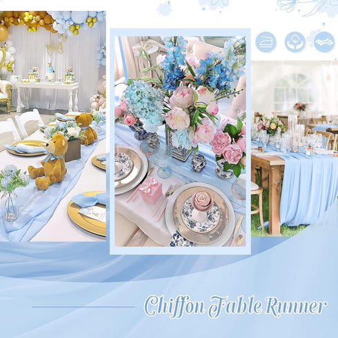 Blue Chiffon Table Runner - 10Ft Long, 27x120 Inches, Romantic Wedding Linens for Bridal Party Decorations