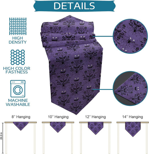 PIEPLE 13 90 inches Halloween Black Spider Web Bat Table Runner-Cotton Linen-Long x Dresser Scarves,Purple Tablerunner