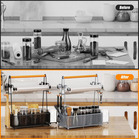 PHINOX Utensil Holder for Party, Picnic, and Camping, Black Flatware Caddy with Handle & Paper Towel Roll Holders