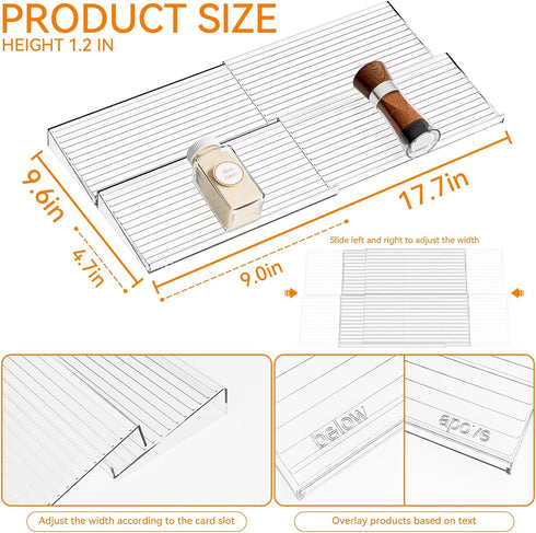 Yieach 4 Pack 9" 17.7" Adjustable Narrow Spice Rack for Drawer - Expandable From to - Acrylic Drawer Seasoning