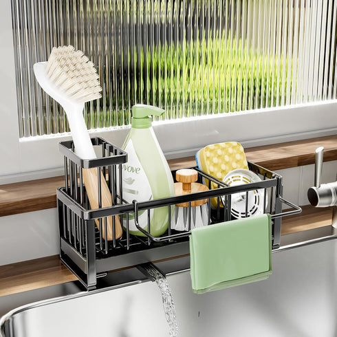 SWTYMIKI Kitchen Sink Sponge Holder - Self-draining Caddy with Brush Holder, Stainless Steel Countertop Organizer