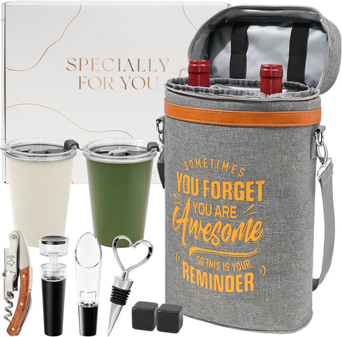 Wine Cooler Bag Gift Set with 2 Tumblers, Insulated Portable Wine Carrier