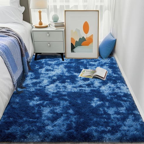 5x8 HQAYW Area Rugs for Living Room, Tie-Dyed Navy Blue Ultra Soft Fluffy Washable Non-Slip Rug, Plush Shaggy Modern