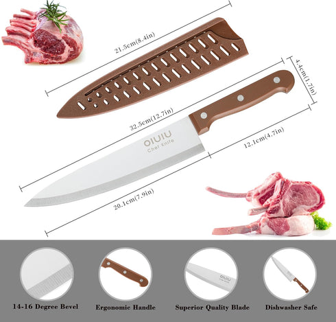 8 inch Chef Knife, Razor Sharp Kitchen Knife with Protective Knife Sheath, Razor Sharp Slicing Knife with Ergonomic Handle, German Stainless Steel, Dishwasher Safe (Brown Color) by OLULU