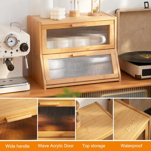 GHWIE Double Layer Bamboo Bread Box, Large Capacity Kitchen Counter Storage Bin with Acrylic Wavy Door Panel, Natural