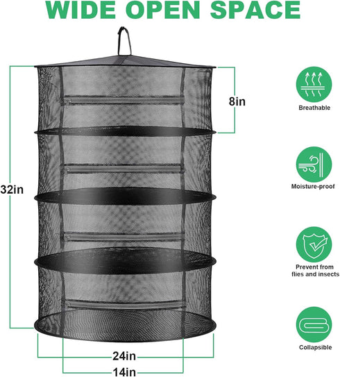 Herb Drying Rack Net Mesh with Black Zippers Hydroponics, Bonus Hook Scissor Drying Rack 2ft for Plant Bud Seed, Mesh Hanging Plant Dry, Herb Dry Net for Garden (4 L, Black zipper) by HYDGOOHO