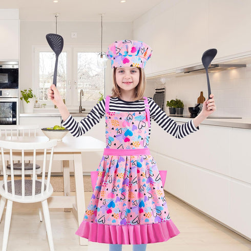 MHJY Kids Apron Hat Set for Girls, Vintage Pleated Skirt Adjustable Kitchen Apron with Pockets for Baking Cooking