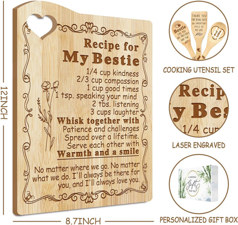 cocomong Mothers Day Bestie Friend Gifts, Best Birthday Gifts for Friend Women, Friend Gifts for Women - Friend Cutting Board with Utensil - Gift for Friend Engraved Bamboo Cutting Board