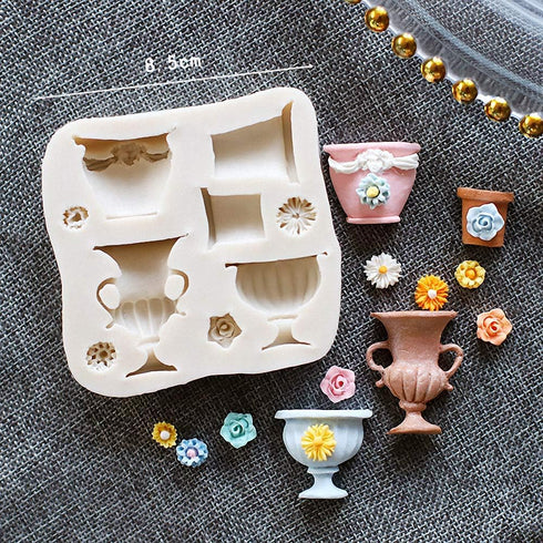 9-Cavity Flower Pots Urns Silicone Fondant Mold for Sugar Paste, Flower Vase Gum Paste Mold for Wedding Party Cake