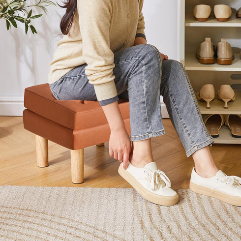 16.34" 12.4" W12.6" UHBD041J YMYNY Small Footstool Ottoman, Faux Leather Footrest with Sponge Padded Seat, Step Stool
