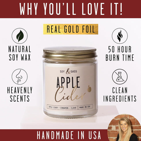 Apple Cider Candle - Fall Scented Candle with Essential Oils - 9oz Reusable Jar, 50Hr Burn, Made in USA