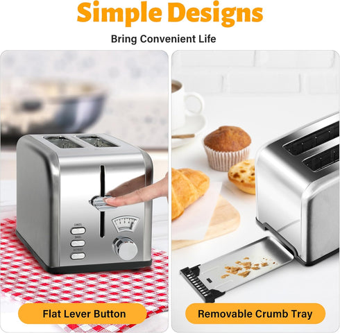 HealSmart 2 Slice Stainless Steel Toaster, Extra Wide Slot, Removable Crumb Tray, Retro Compact Oven, Silver