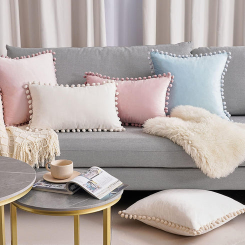 Top Finel Decorative Throw Pillow Covers 18x18, Set of 2, Cream White Velvet Cushion Covers with Pom Poms