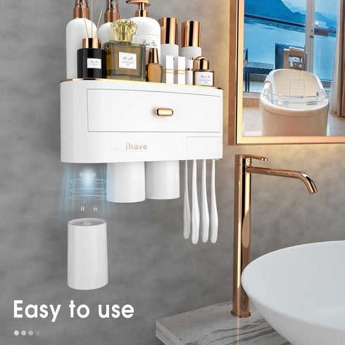iHave 3 Cups Toothbrush Holders for Bathrooms, Wall Mounted Organizer with Large Capacity Drawer and Tray