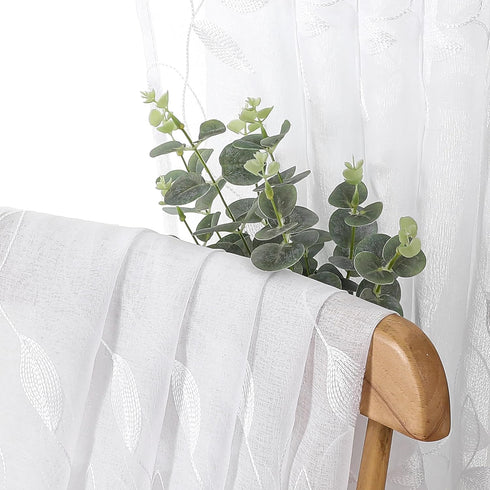 Tollpiz White Leaf Sheer Tier Curtain, 30 x 36 inches, Set of 2 Panels, Embroidered Voile Kitchen Bathroom Treatment