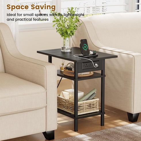 3 Asgolion Side Table with Charging Station, Skinny Nightstand with USB Ports and Outlets, Tier Narrow End Table