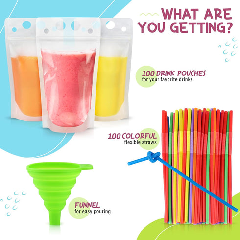 FROZIP 100pcs 16oz x100 Drink Pouches for Adults - Drink Pouches with Straws & Funnel - Resealable Smoothie Pouches