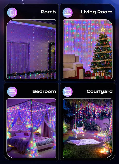 300 8 1 Pack Brightown LED Fairy Curtain Lights, Curtain String Lights, USB Plug in Lighting Modes Christmas