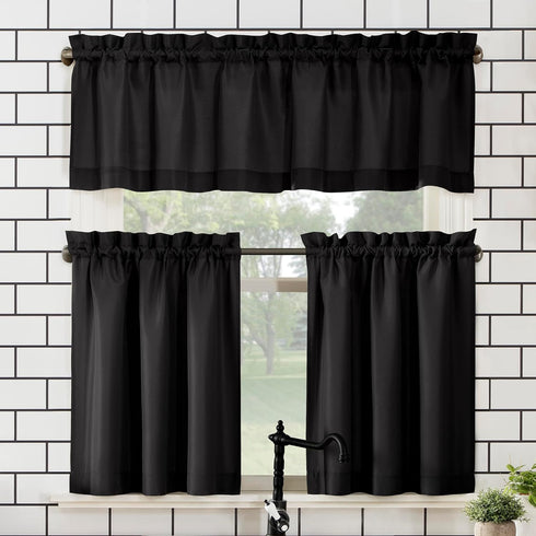 No. 918 Martine Microfiber Semi-Sheer Rod Pocket Kitchen Curtain Valance and Tiers Set, 54" x 45", Black